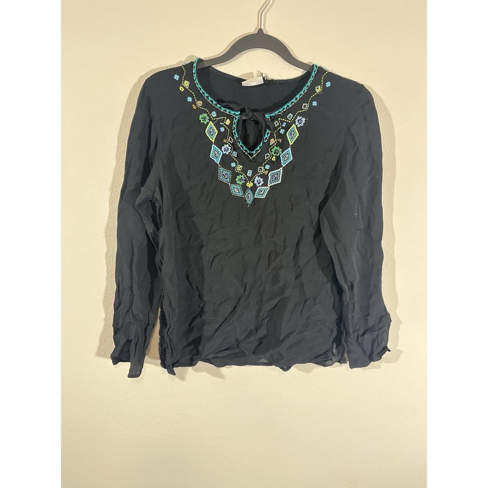 White Stag Embroidered Beaded Blouse Size L Black Teal Long Sleeve Tunic Boho